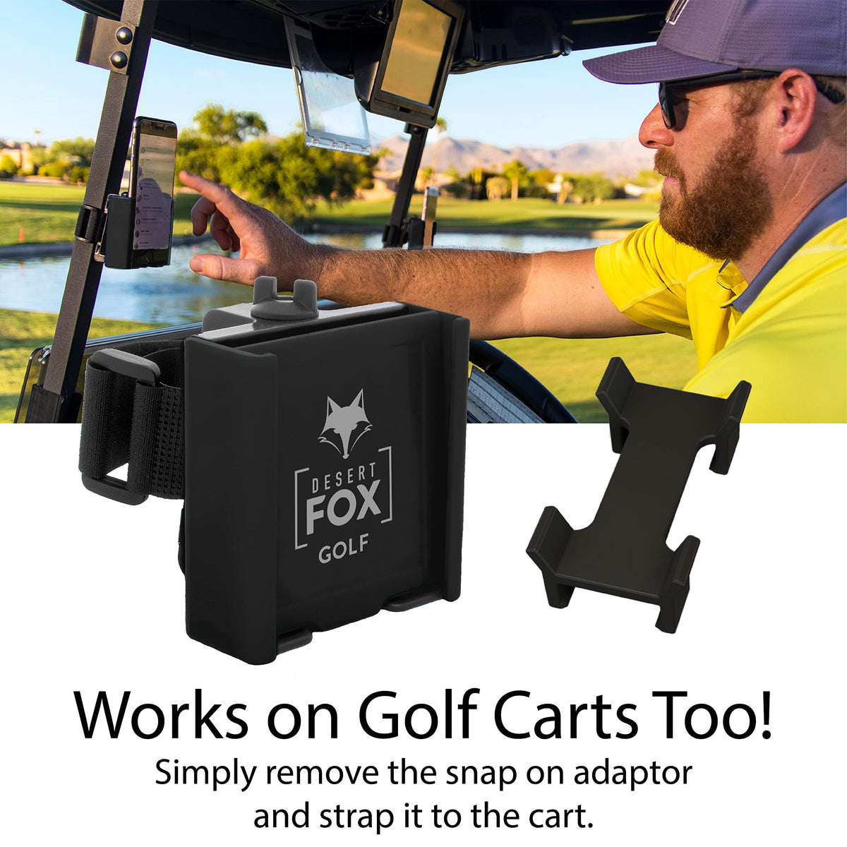 DESERT FOX GOLF Phone Caddy clip attaches to umbrella holder for easy mounting.