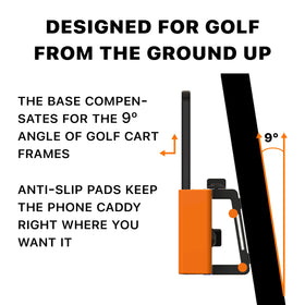 DESERT FOX GOLF Phone Caddy demonstrates secure Velcro strap on rough cart rides.