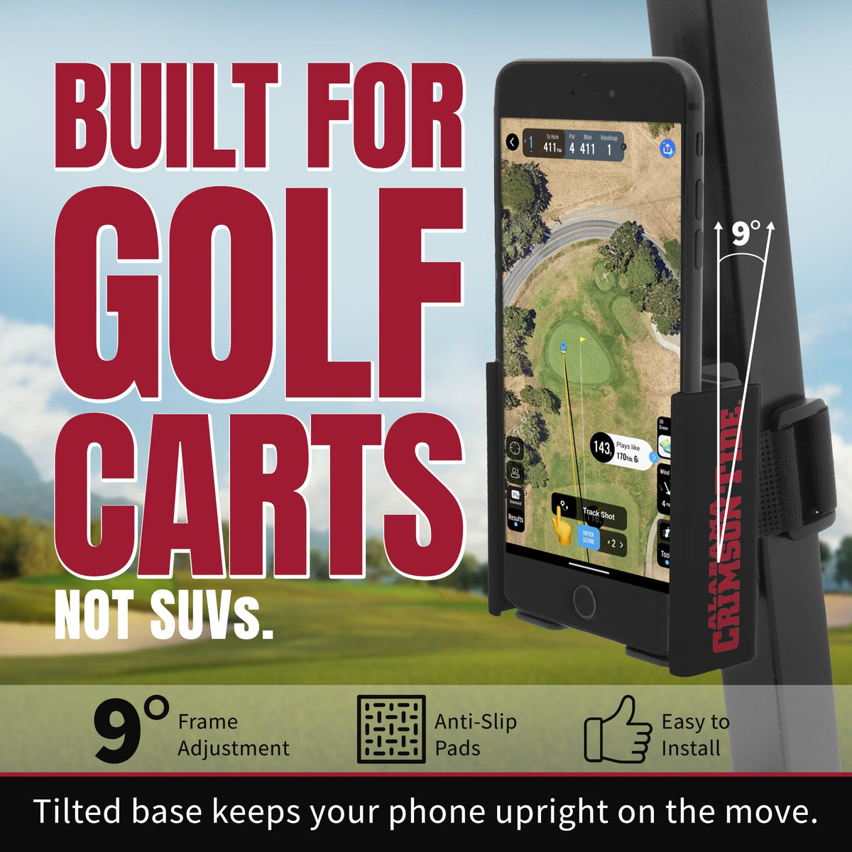 Desert Fox Phone Caddy adjustable width fits most phones on the green
