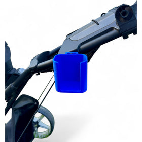 Closeup of RangeLock blue rangefinder holder showing secure latch on cart.