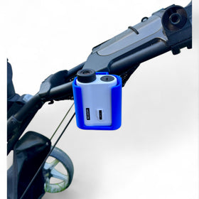 Designs By Brodhead RangeLock mount on a blue golf cart, quick rangefinder access.