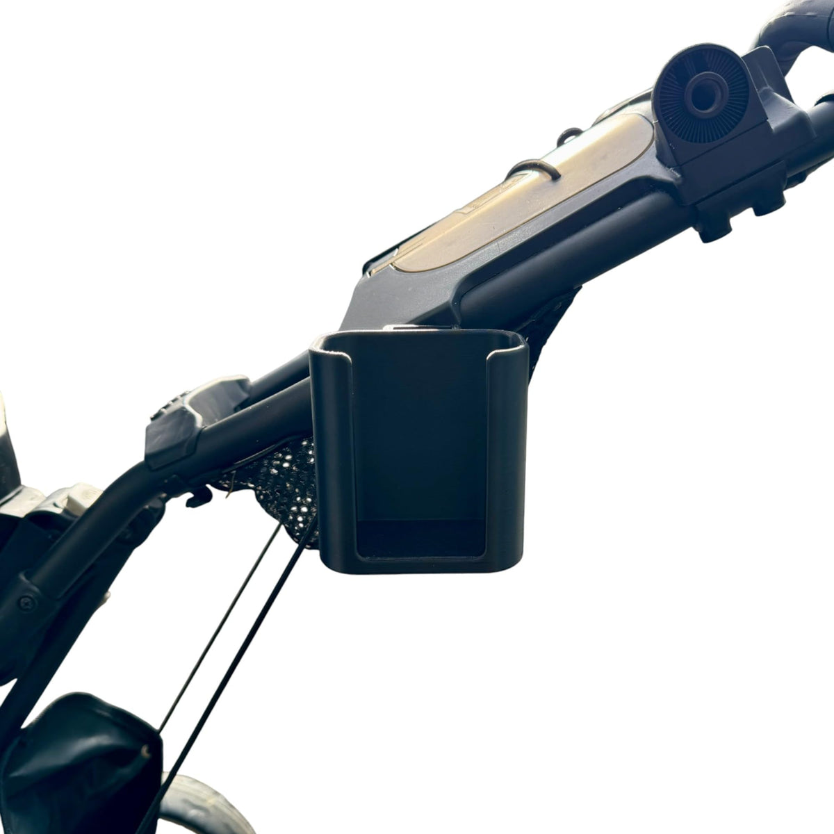 Designs By Brodhead RangeFinder holder on cart demonstrating quick tool-free installation.