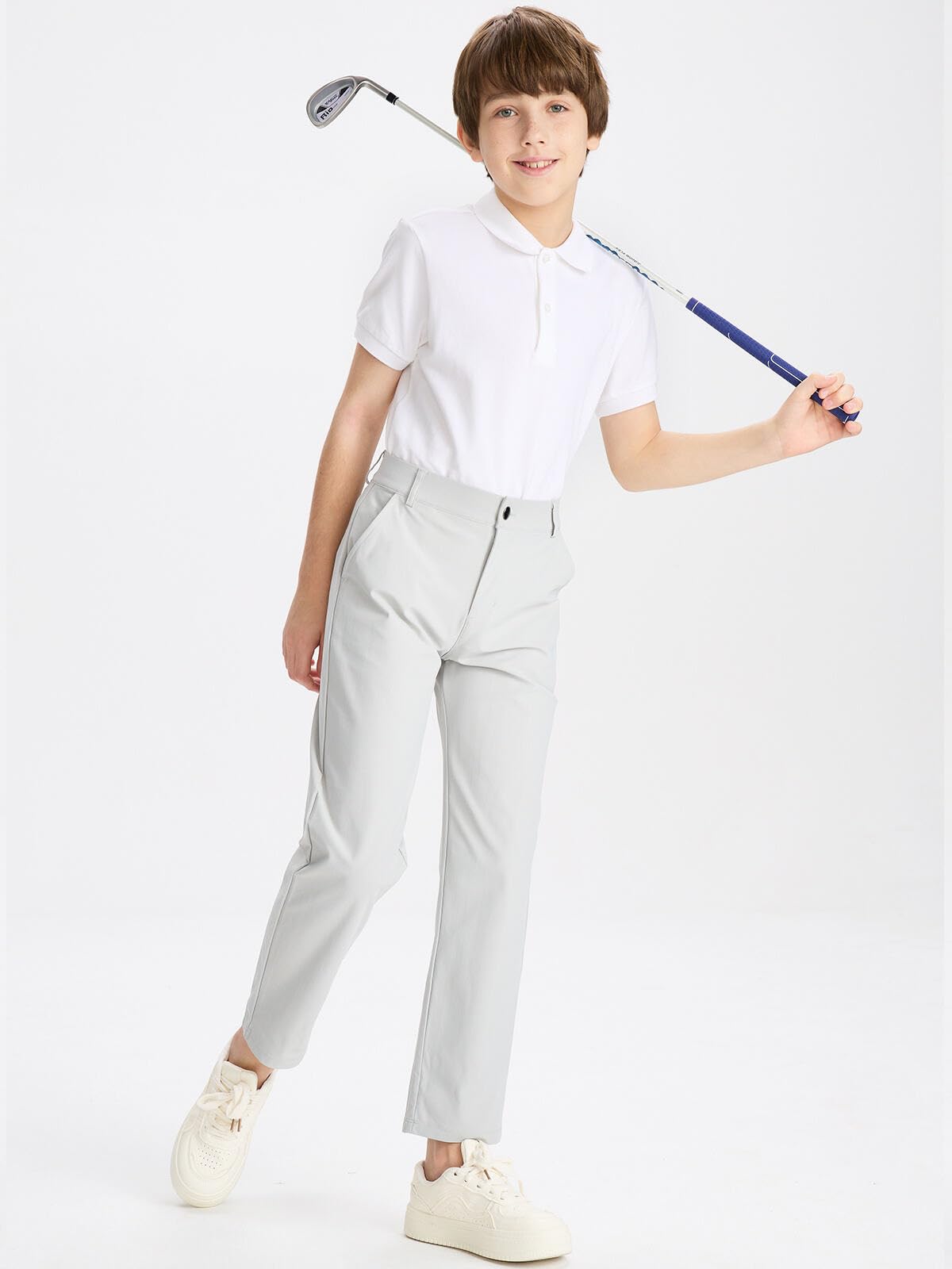 DEVOROPA youth golf pants flat-front design for sharp school uniform appearance.