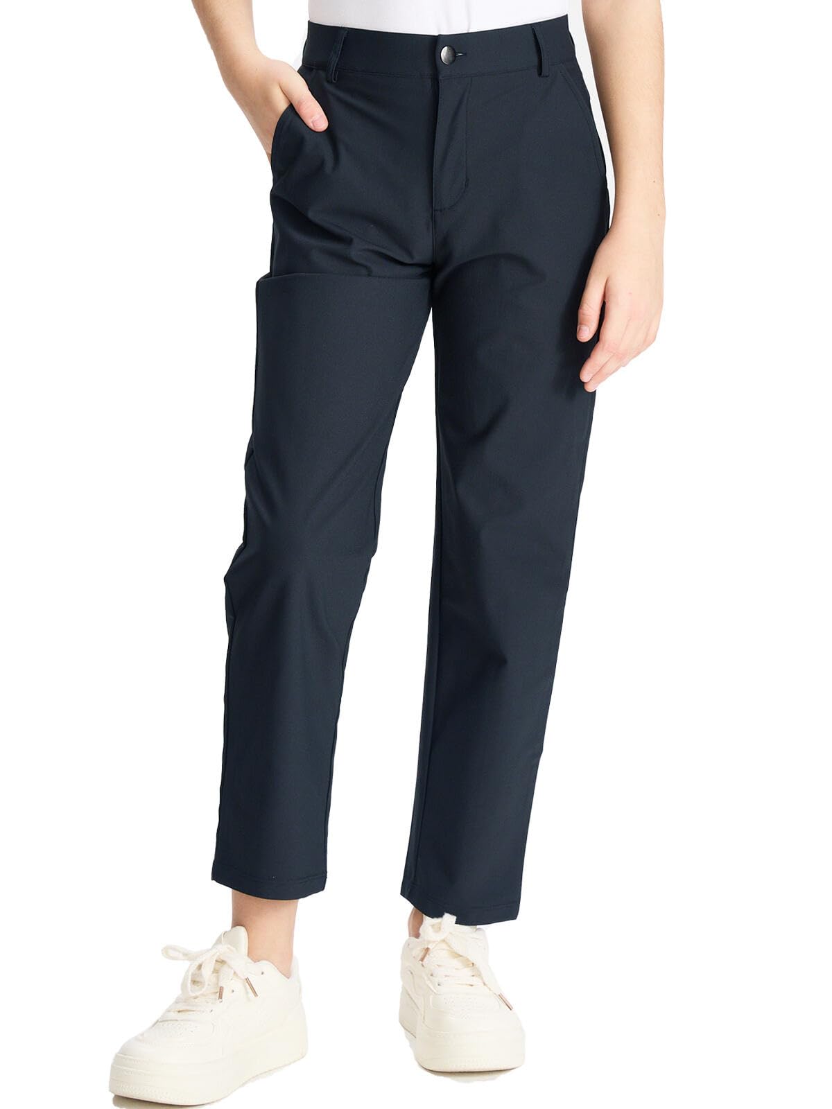 DEVOROPA youth golf pants showing stretch fabric for unrestricted movement