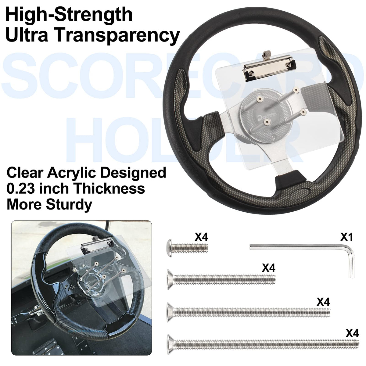 Dewkake 6-hole steering wheel scorecard fits most carts.
