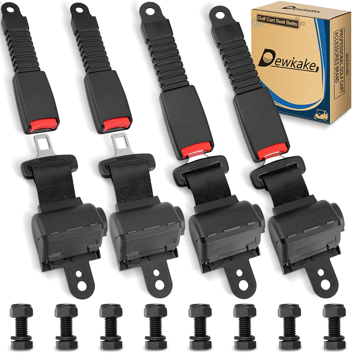 Dewkake golf cart seat belt kit front view showing universal fit and easy installation