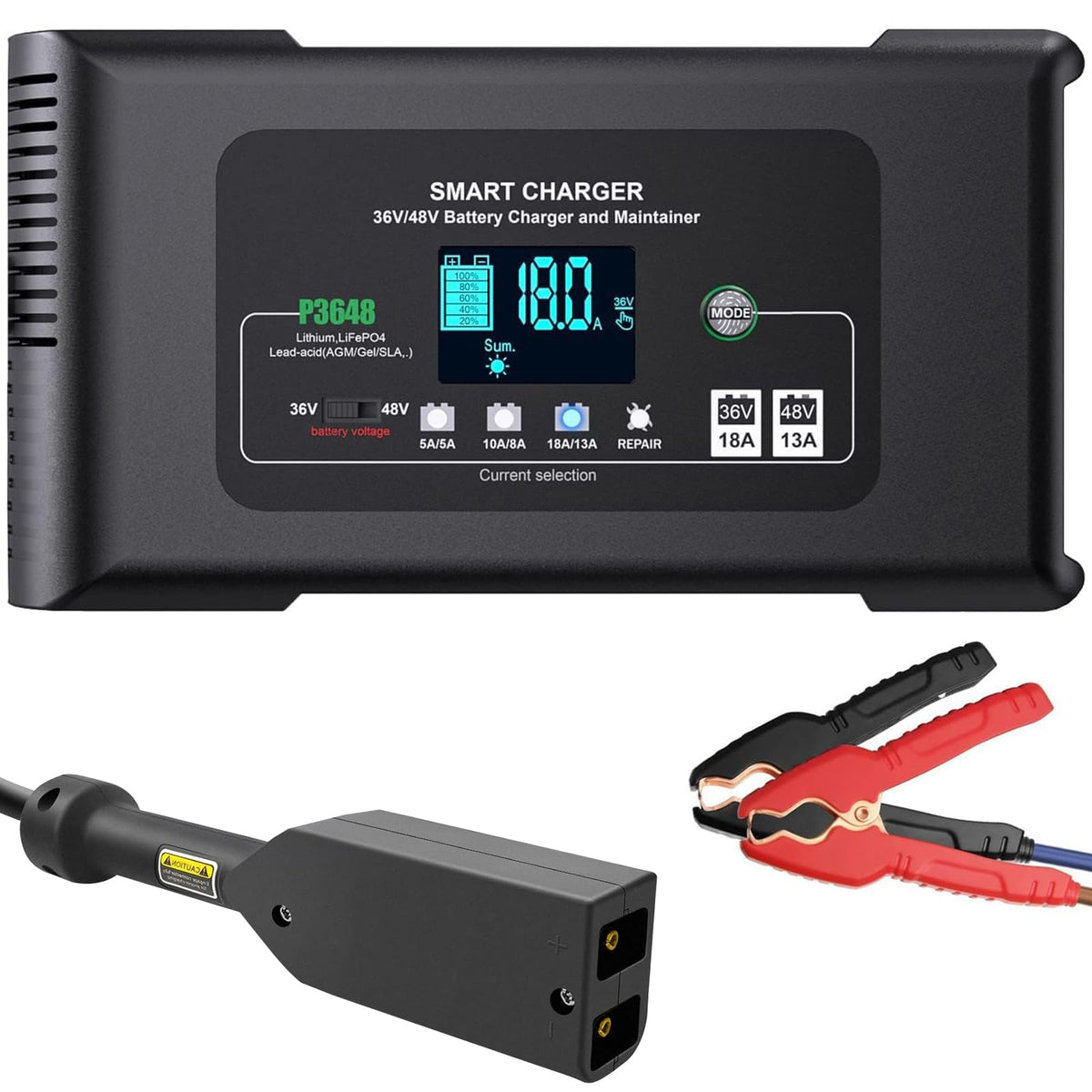Dght 36V 18A golf cart charger front view showing compact design and safety features