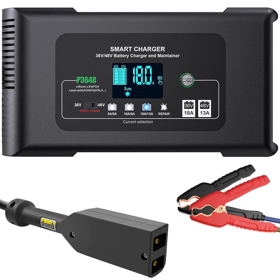 Dght 36V 18A golf cart charger front view showing compact design and safety features