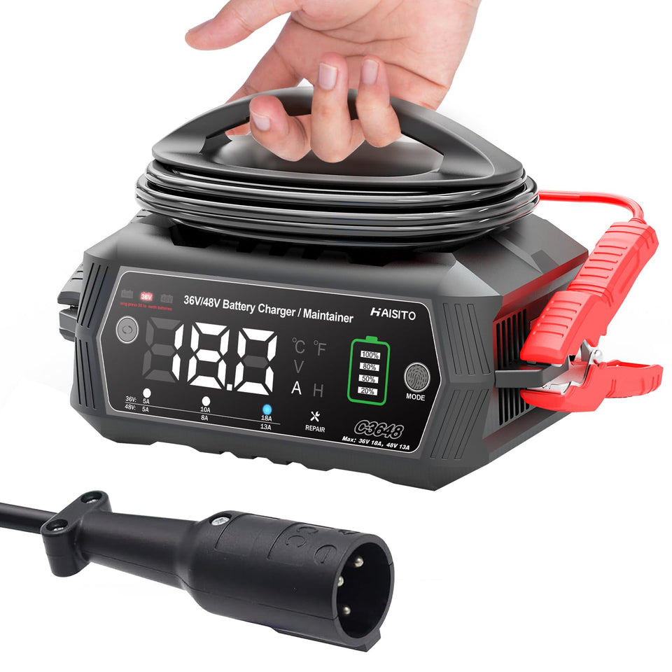 Dght 48V golf cart charger front view with LCD display for clear battery monitoring.
