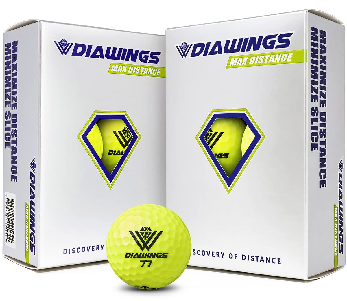 Diawings Max Distance ball front view highlighting streamlined design for longer drives