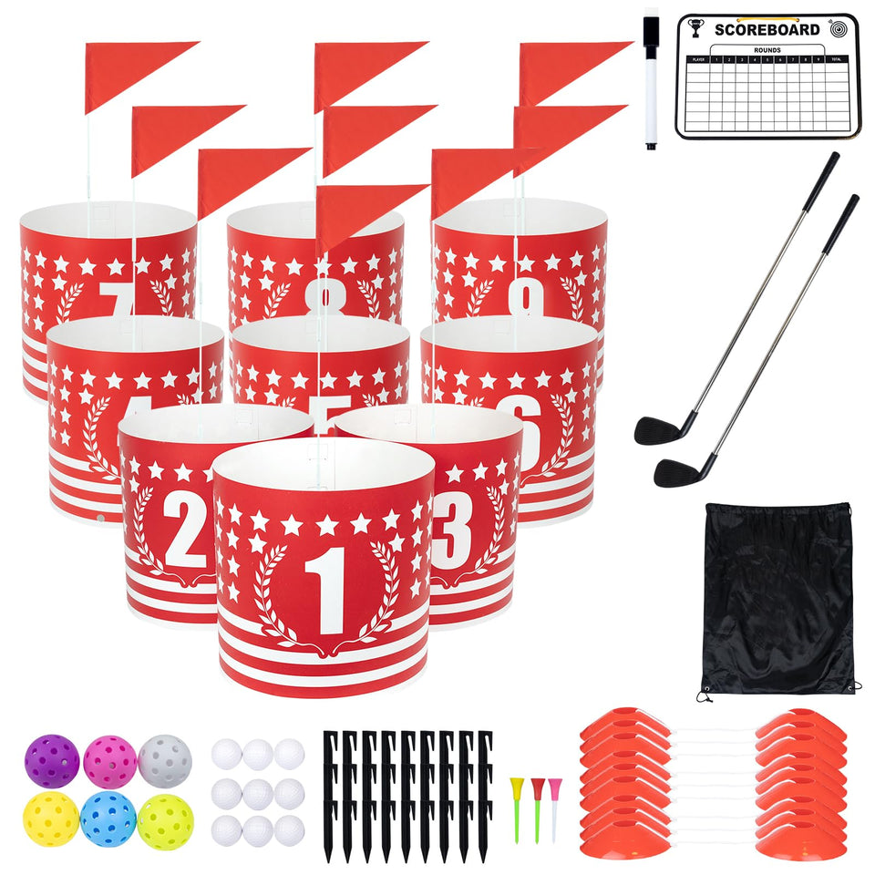 DigNew backyard golf 9-holes set arranged for backyard practice and casual play.
