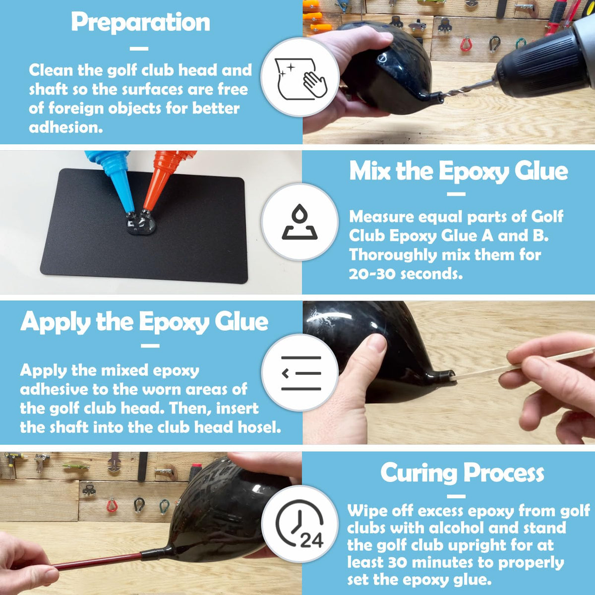 DINGSEN epoxy applied to wear area on golf head showing repair