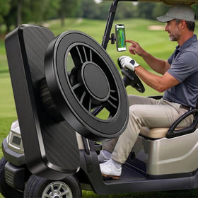 DIREKTIC MagGrip Pro securely holds the phone on a golf cart for easy GPS access