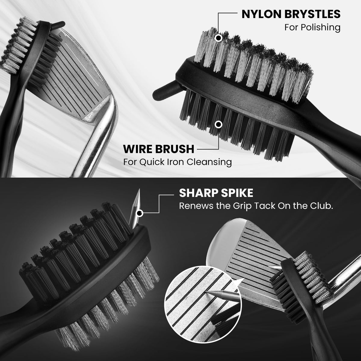 Dirty Dazzler golf club brush removes dirt to improve contact