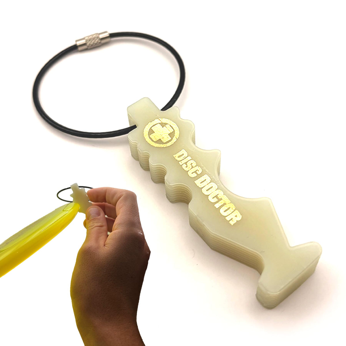 Disc Doctor repair tool attached to bag loop for quick access during rounds.