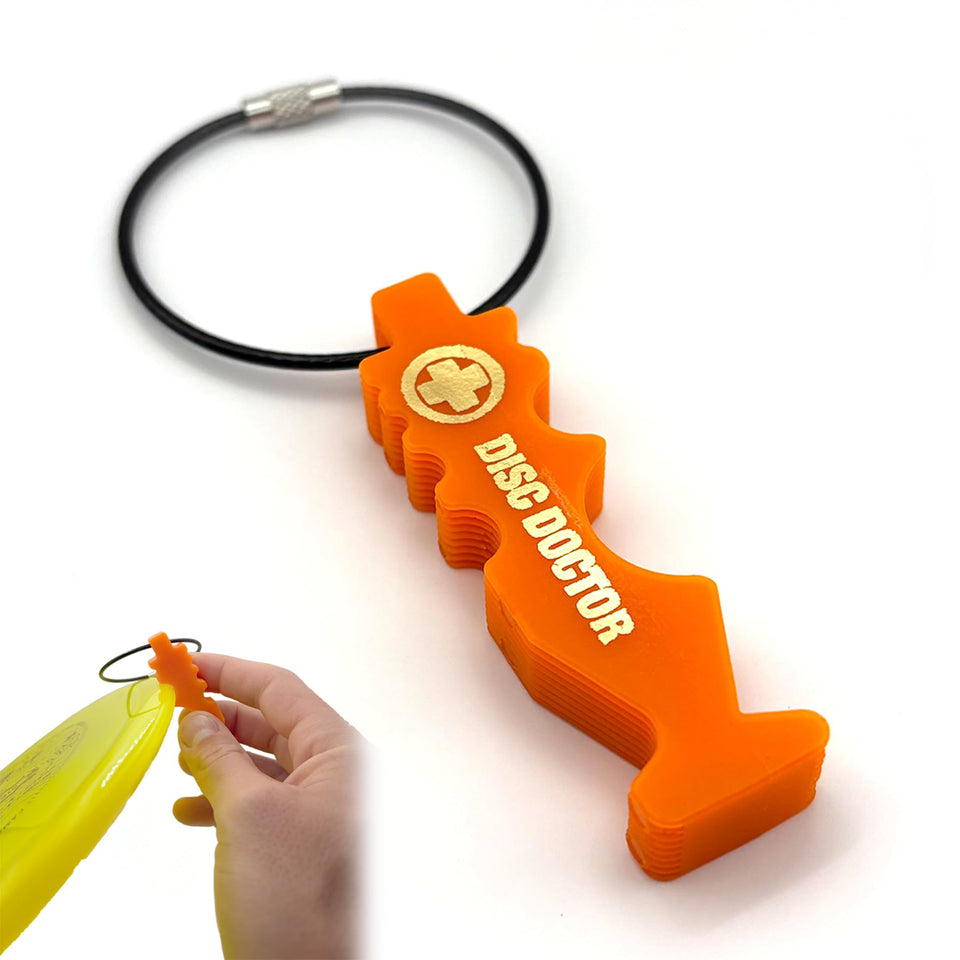 Disc Doctor repair tool close-up showing durable nylon and steel groove for smooth restoration.