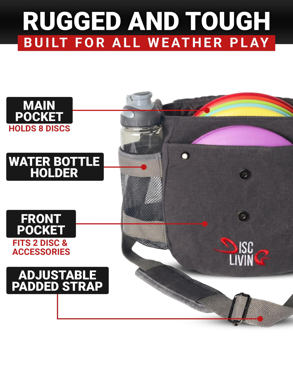 Disc Living bag shows 8–10 disc capacity for streamlined carry.