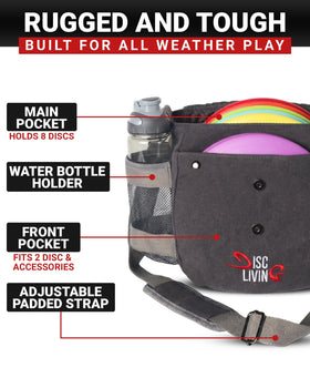 Disc Living bag shows 8–10 disc capacity for streamlined carry.