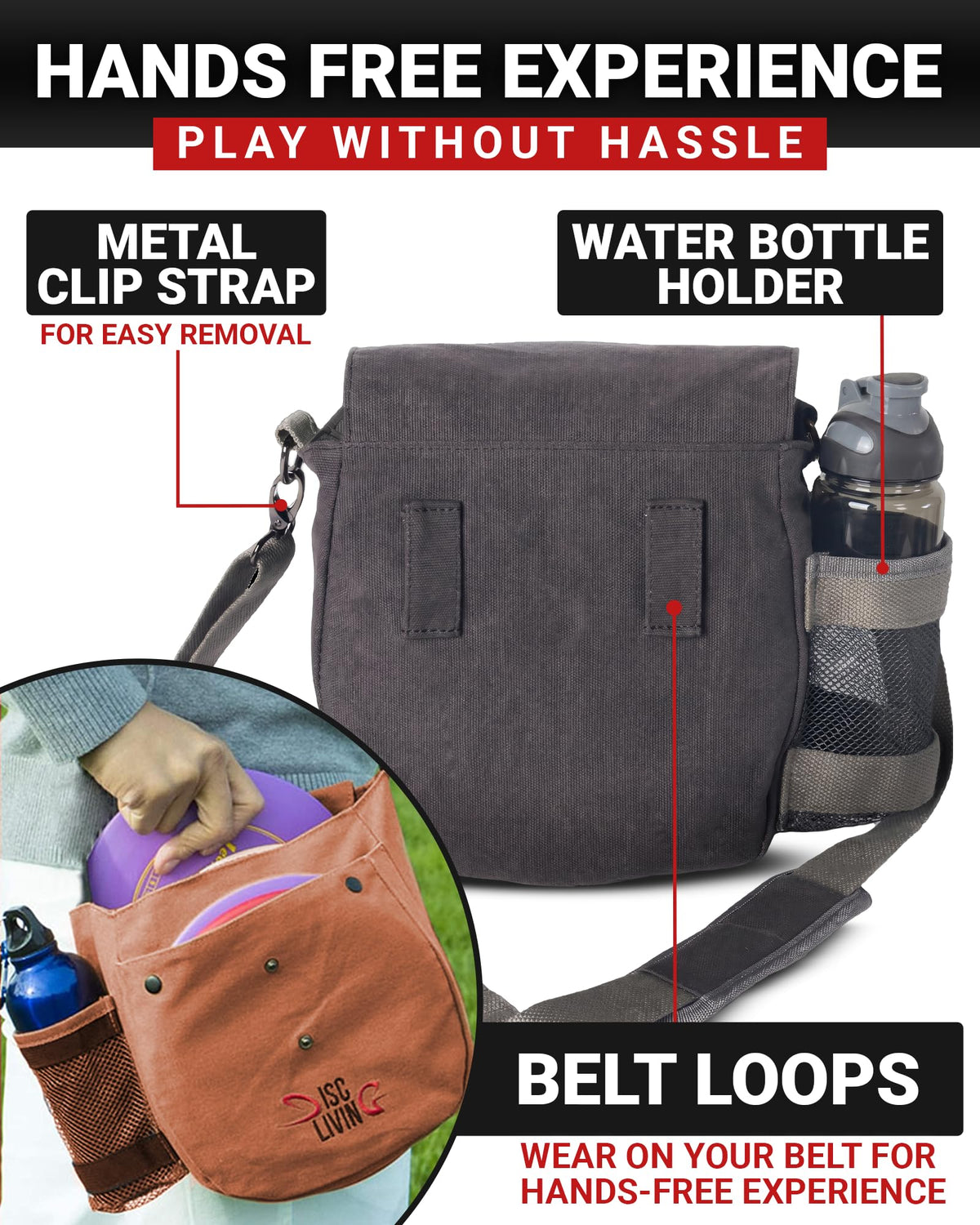 Disc Living bag demonstrates magnetic double‑button closure for secure access.