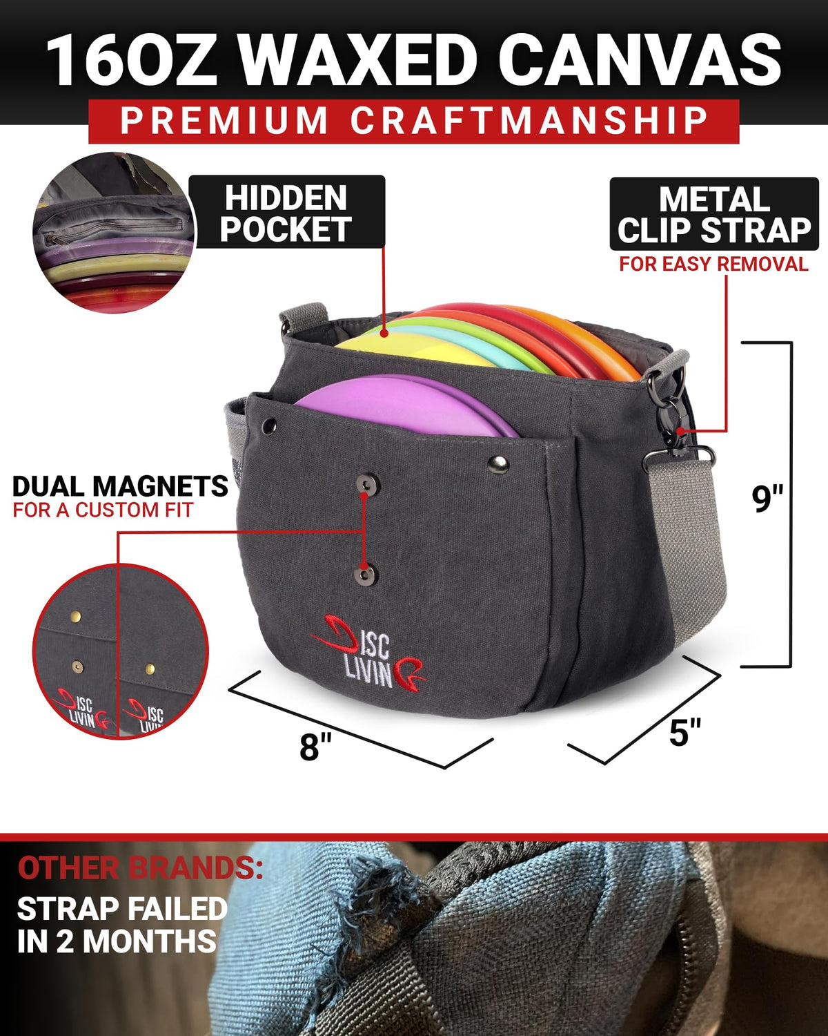 Disc Living bag features water bottle holder for on‑course hydration.