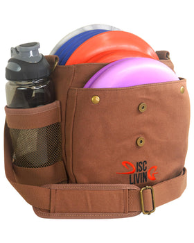 Disc Living original canvas bag with magnetic closure secures discs on the move.