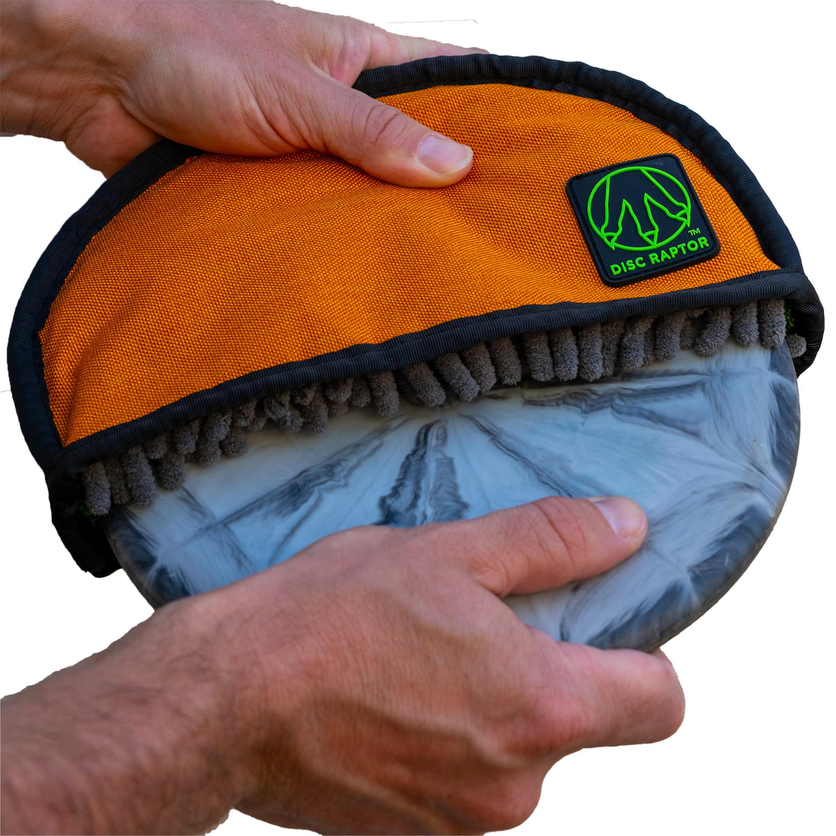 Disc Raptor microfiber chenille surface cleans discs quickly and thoroughly.
