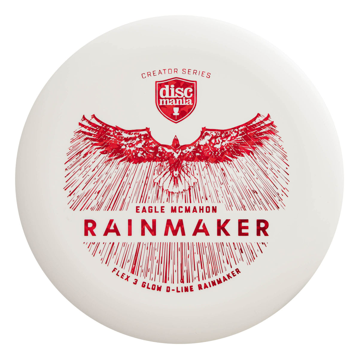 Discmania Eagle McMahon Rainmaker Glow putter held in hand at dusk for night rounds.