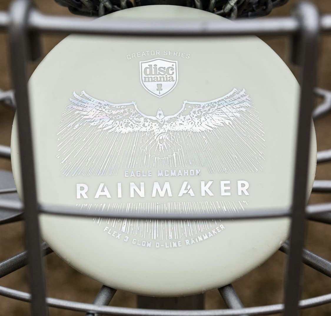 Discmania Rainmaker Glow over the basket highlights glow-in-the-dark visibility.