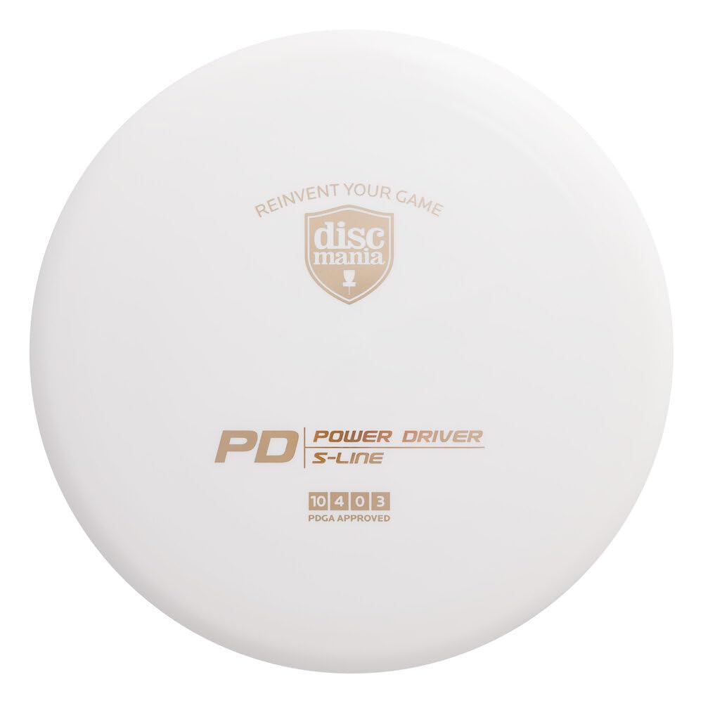Discmania S-Line PD distance driver, front view in white, delivers reliable stability in windy conditions.