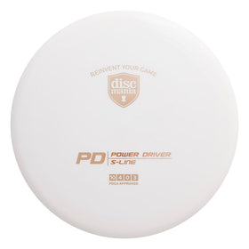 Discmania S-Line PD distance driver, front view in white, delivers reliable stability in windy conditions.