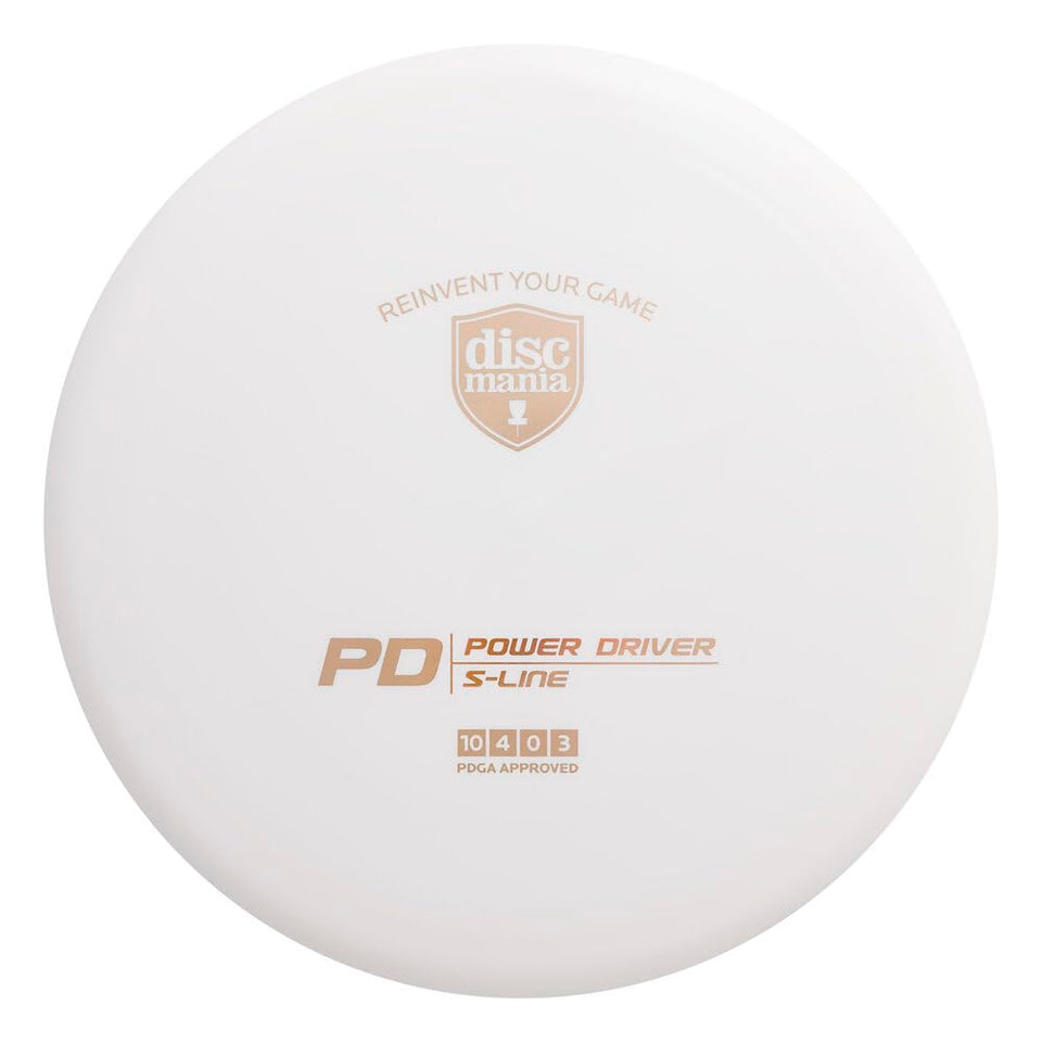 Discmania S-Line PD distance driver, front view in white, delivers reliable stability in windy conditions.