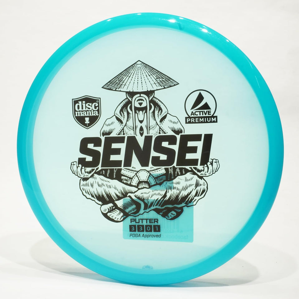 Discmania Sensei putter top view in blue, easy-to-grip for all hand sizes.