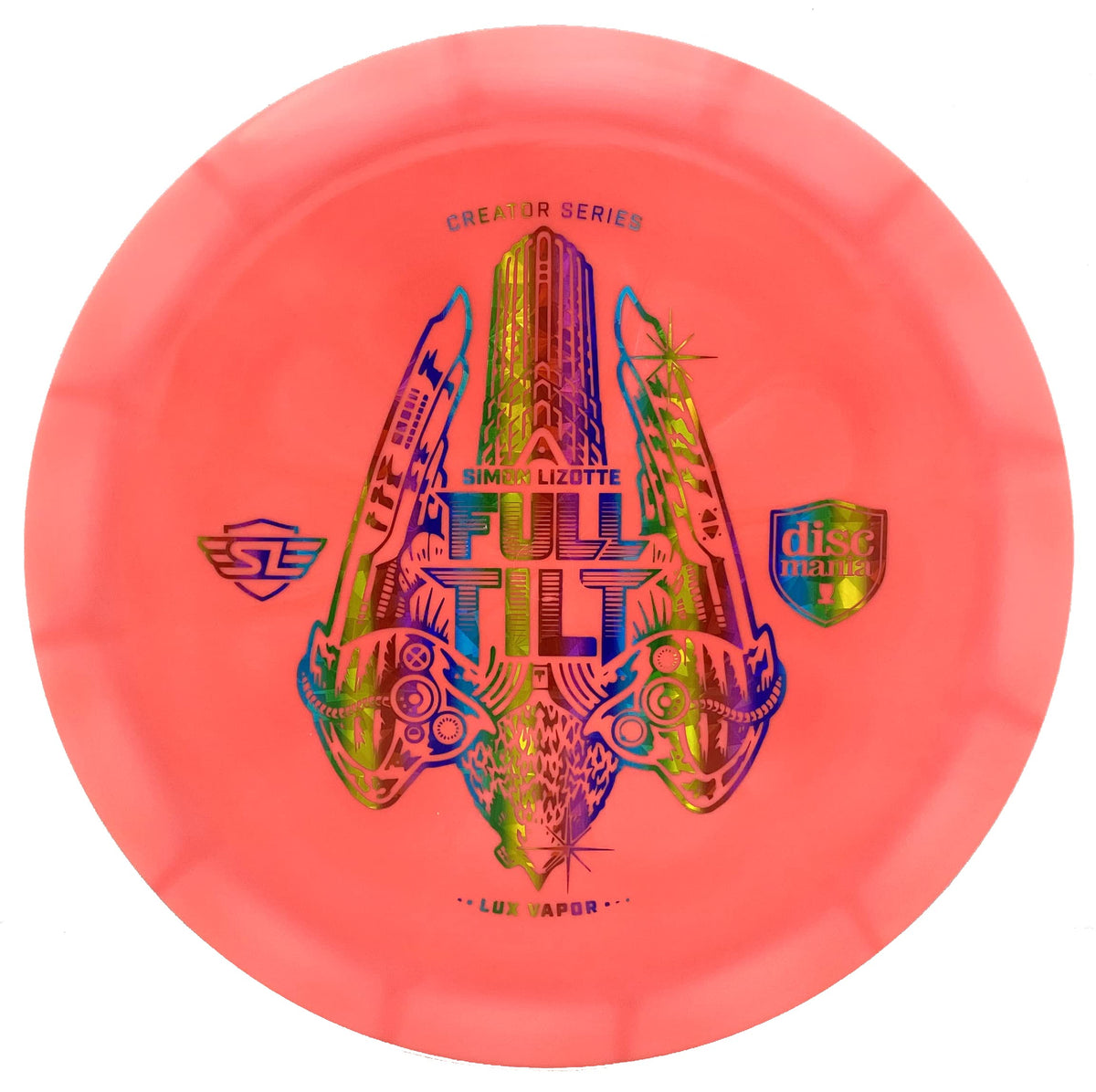 Discmania Lux Vapor Full Tilt closeup showing grip and bold graphics.