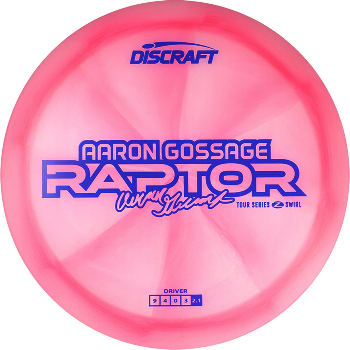 Discraft Aaron Gossage Z Swirl Raptor front view showing grip for precise forehand and backhand shots.