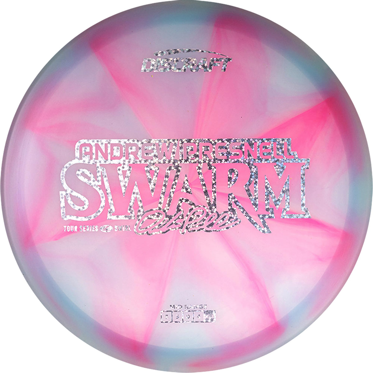 Discraft Swarm forehand shot in Z Swirl blend showing reliable fade on high-torque lines.