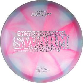 Discraft Swarm forehand shot in Z Swirl blend showing reliable fade on high-torque lines.
