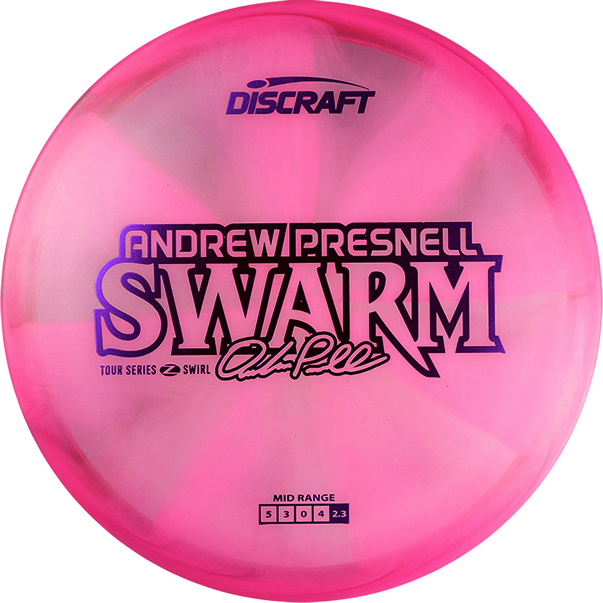 Discraft Swarm in Z Swirl blend with overhead shot for windy stability.