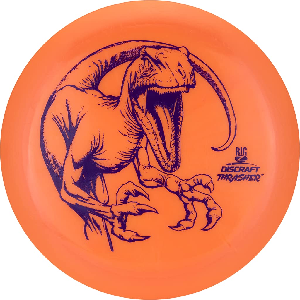 Discraft Big Z Thrasher distance driver disc in flight over open fairway for long-range throws