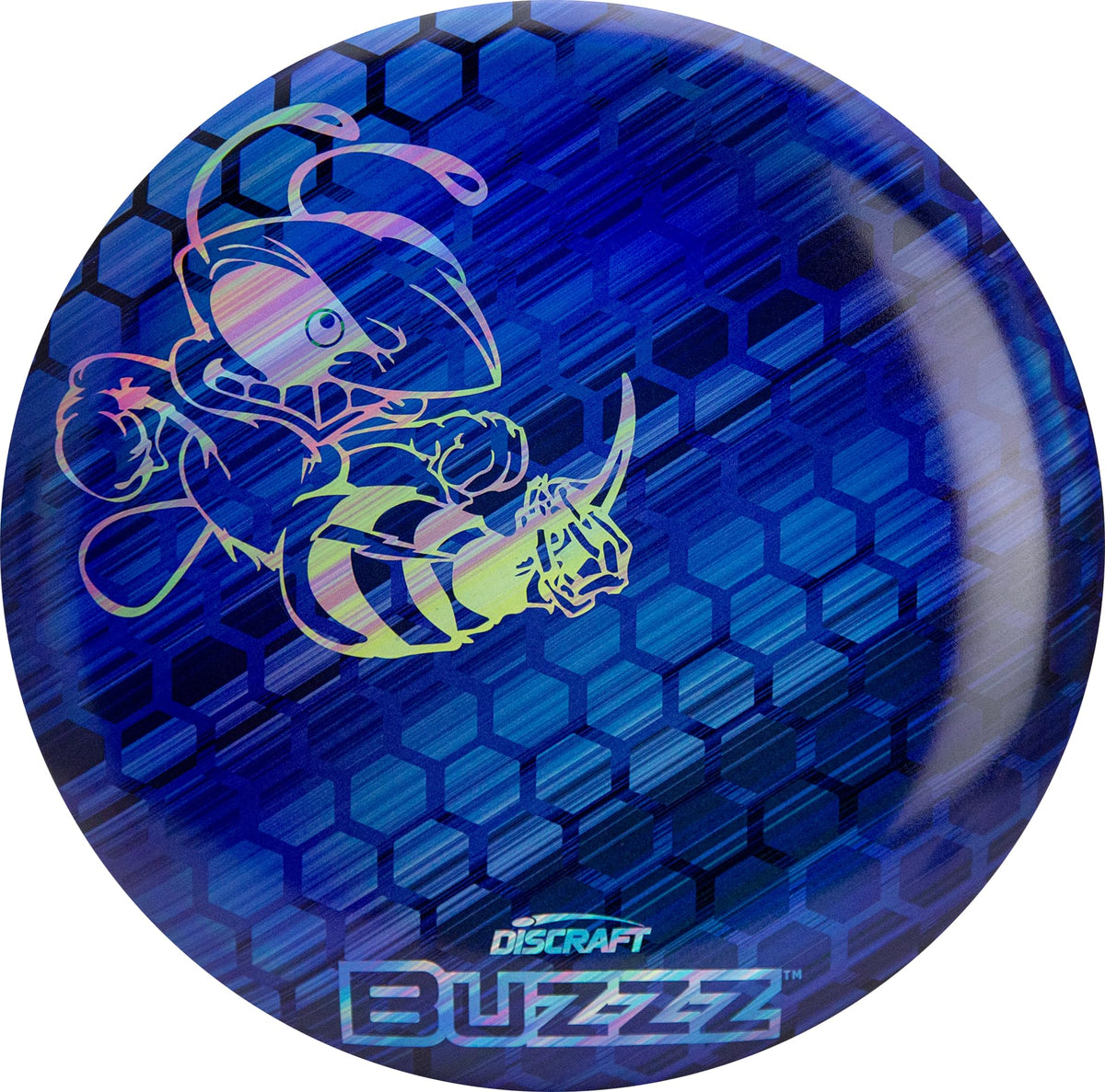 Discraft Buzzz in blue honeycomb full-foil for high visibility on the course