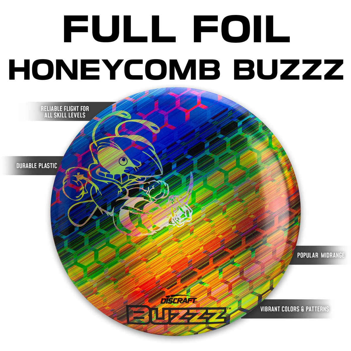 Discraft Buzzz blue honeycomb with silver stamped bee, premium look