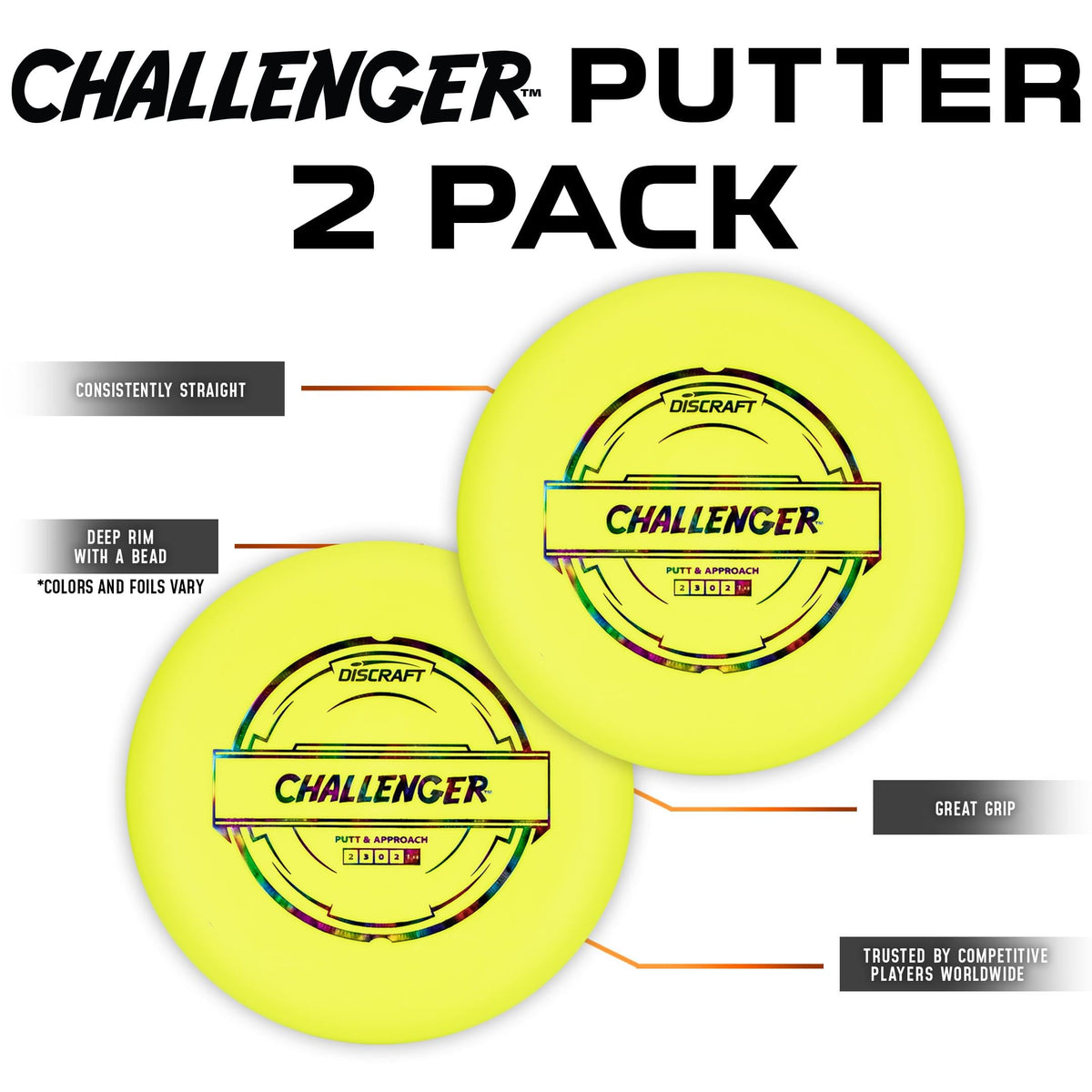 Discraft Challenger deep rim and tiny bead improve grip and control.