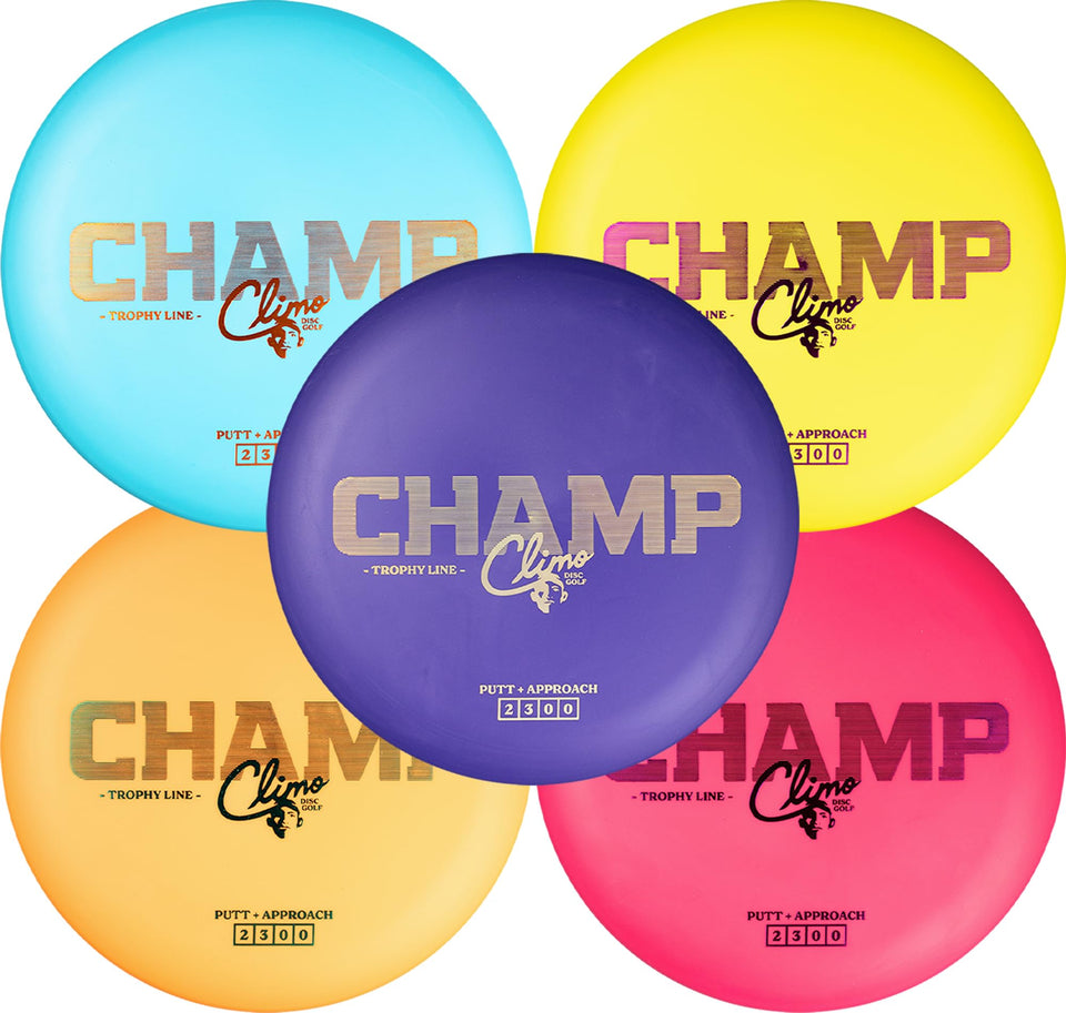 Discraft Climo Champ putter 5-pack with Trophy Line plastic for precise putting practice