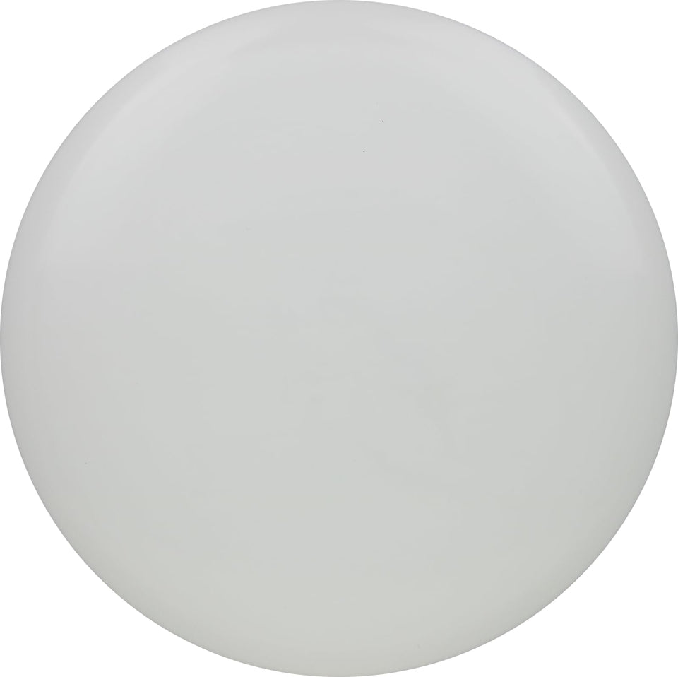 Discraft ESP Buzzz Solid White with bottom stamp, ideal for custom dye and personal disc branding.