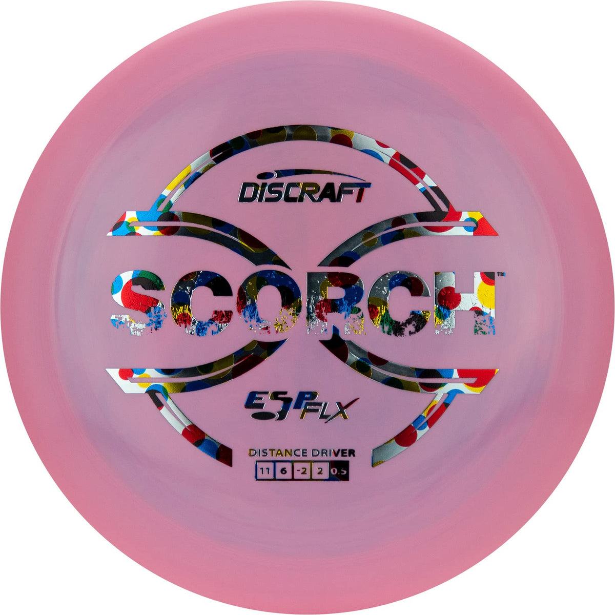 Discraft ESP FLX Scorch grip close-up highlighting durable grip and vibrant swirls.