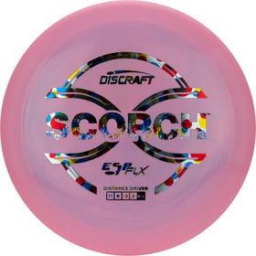 Discraft ESP FLX Scorch grip close-up highlighting durable grip and vibrant swirls.