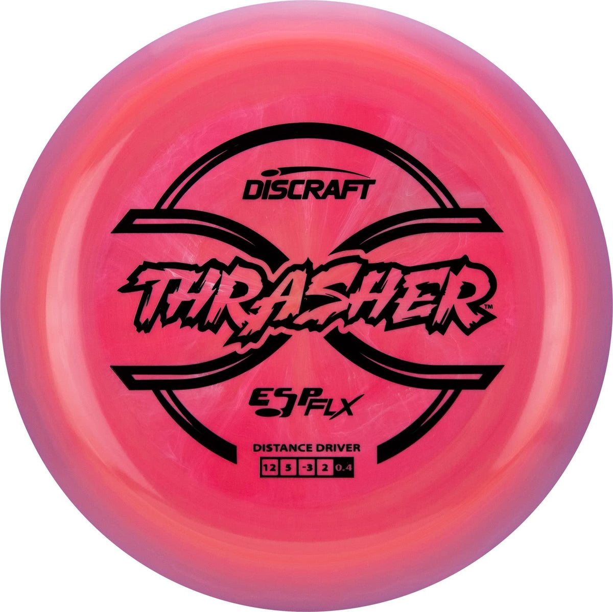 Discraft ESP FLX Thrasher disc with vibrant swirls, ideal for all-weather distance drives.