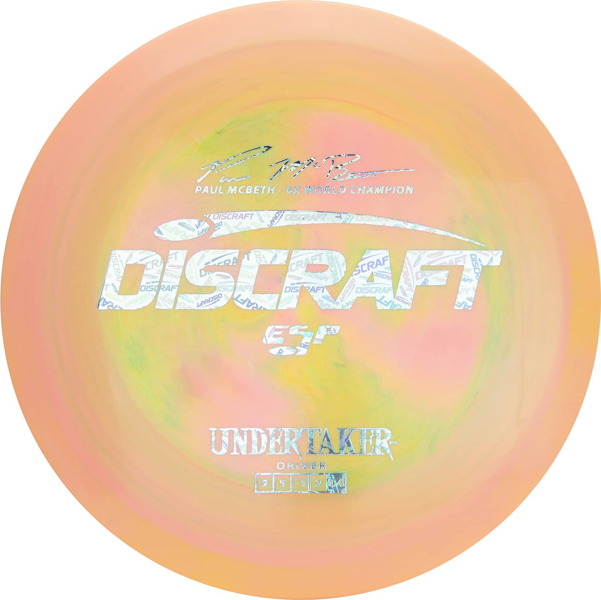 Discraft ESP Undertaker 6X distance driver in flight, ideal for straight distance on open fairways.