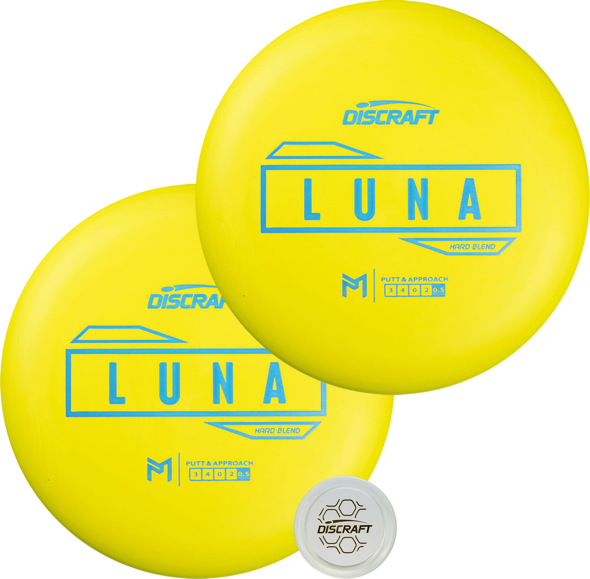 Discraft Hard Luna 2-Pack yellow putters with matching foils for consistent grip and accuracy