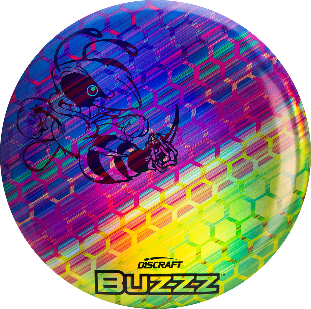 Discraft Buzzz blue honeycomb with silver-stamped bee, durable ESP supports reliable flights.
