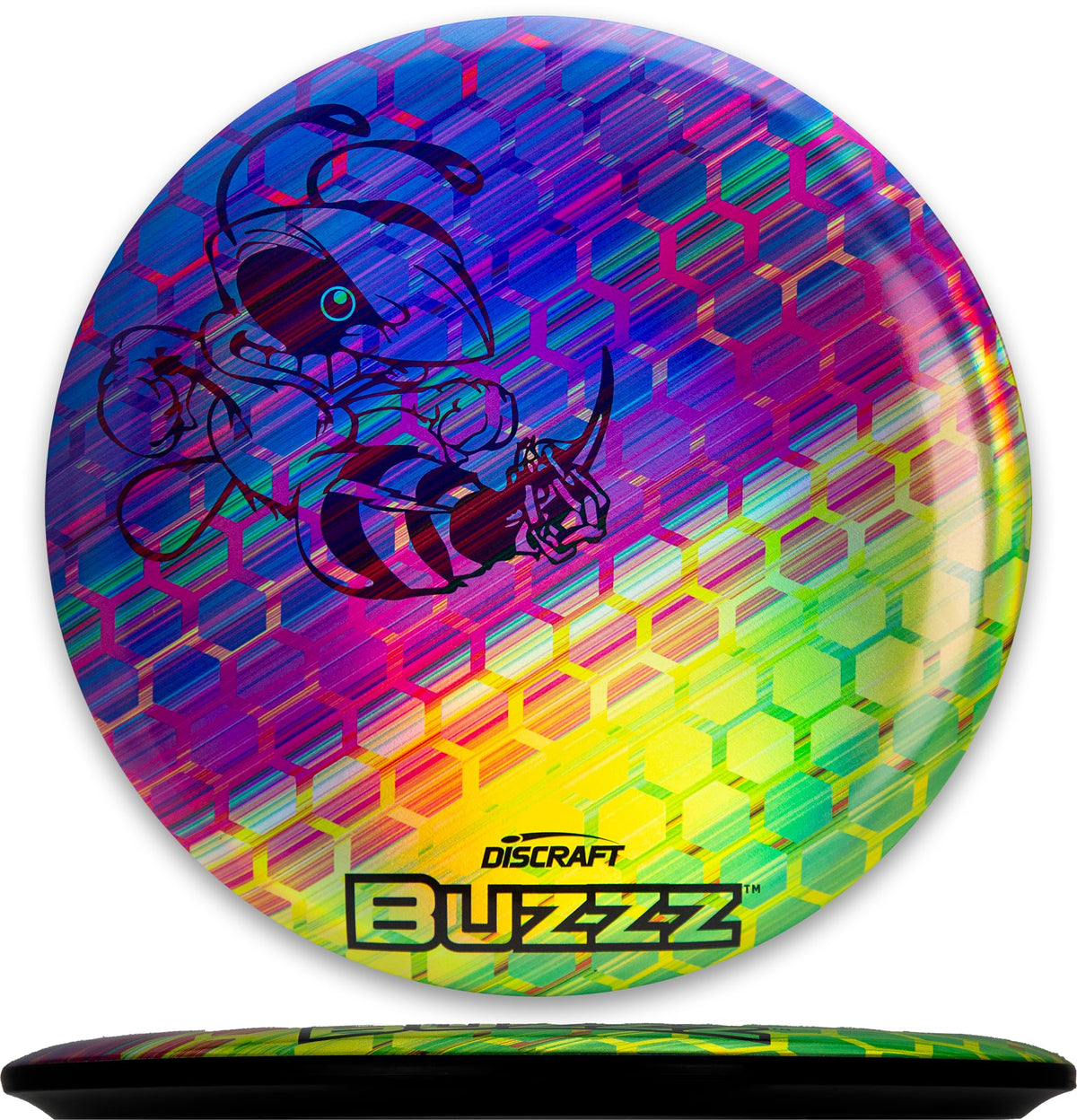 Discraft Buzzz rainbow honeycomb with black-stamped bee, vibrant look and solid grip.